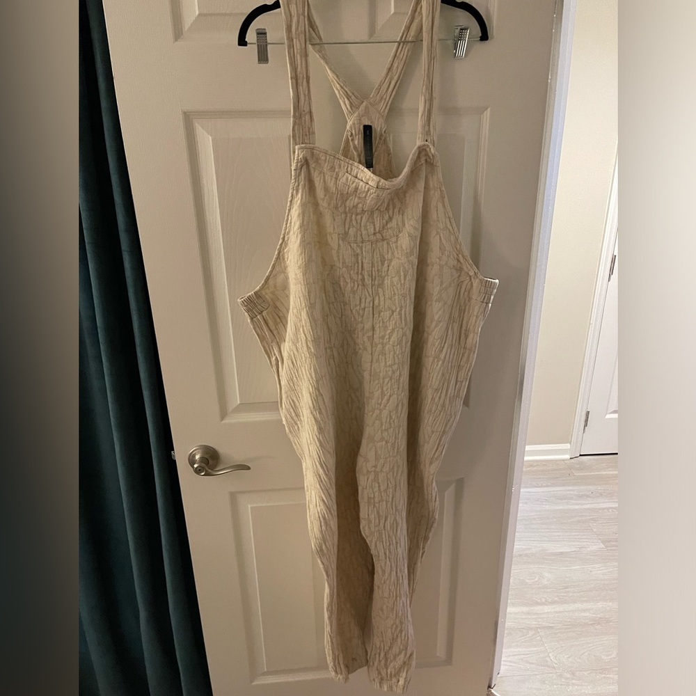 Tan textured gauze overalls from Smash Tess